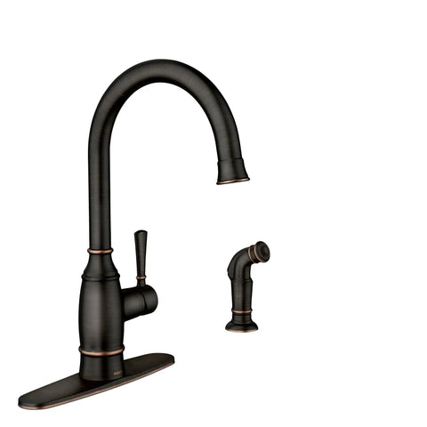 Mediterranean Bronze Single Handle Kitchen Faucet With Side Sprayer One Hand Operation Easy Install for 1 or 3 Hole Sinks