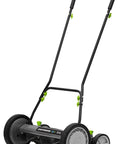 18-Inch Push Reel Lawn Mower With 5 Blade Ball Bearing Reel, Easy Start, Adjustable 1 To 3 Inch Cutting Height, 10-Inch Front Wheels And 6-Inch Rear Trailing Wheels, Durable Grey Finish.
