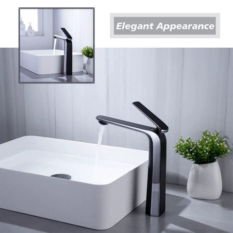 Tall Matte Black And Chrome Bathroom Vessel Sink Faucet With Single Lever One Hole Vanity Tap Brass Construction