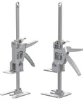 Two-piece set of silver labor-saving arm jacks with vertical posts and clamps for tile positioning and installation.