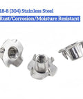 34 Pcs M10x1.5 T Nuts 304 Stainless Steel Four Prong DIN1624 for Climbing Wall Woodworking DIY Projects in close-up