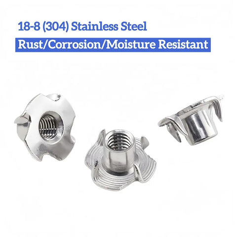 34 Pcs M10x1.5 T Nuts 304 Stainless Steel Four Prong DIN1624 for Climbing Wall Woodworking DIY Projects in close-up
