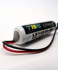 Close-up of Pack of 2 3.6V 2700mAh LS14500-RR Lithium PLC Memory Batteries with wire leads, shown replacing industrial controller cells.
