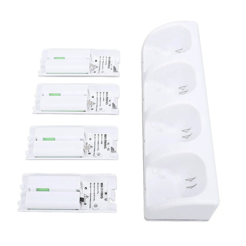 Four In One Remote Battery Charging Dock With LED Indicators Includes Four 2800mAh High Capacity Rechargeable AA Batteries USB Powered Charging Station For Game Console Remotes Sleek White Finish Quick Charge And Easy Setup