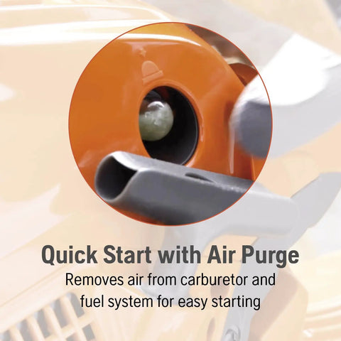 Close-up of gas powered chainsaw with 38cc 2.1HP X-Torq Engine showing quick start air purge system.