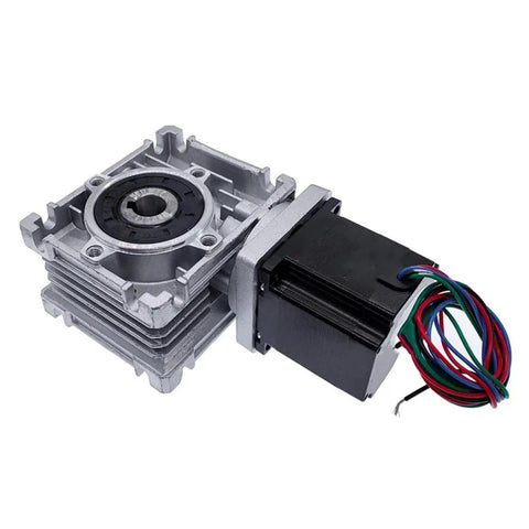 Beefy Nema 23 Stepper Worm Gear Reducer with 11mm input and 14mm output shaft, side view, for CNC and 3D printing applications.