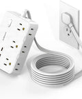 Heavy Duty Surge Protector Power Strip With Six Separated AC Outlets And Dual USB C Plus Dual USB A Ports Five Foot Extension Cord mounted to wall, with a coiled cord.