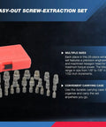 Heavy Duty Multispline Screw And Bolt Extractor Set For Stripped Fasteners, 25 Piece Pro Grade CrMo Kit in red case with tools