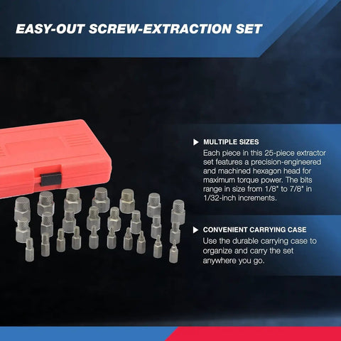 Heavy Duty Multispline Screw And Bolt Extractor Set For Stripped Fasteners, 25 Piece Pro Grade CrMo Kit in red case with tools