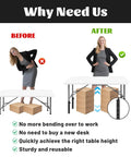 Boost Your Setup Fast With These Adjustable Table Leg Extenders For Folding Desks showing before and after usage for posture improvement.