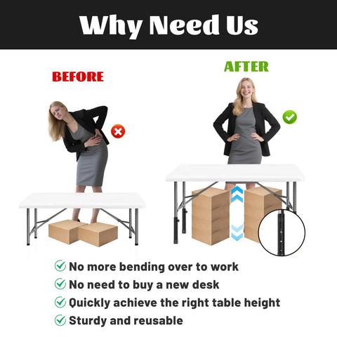 Boost Your Setup Fast With These Adjustable Table Leg Extenders For Folding Desks showing before and after usage for posture improvement.