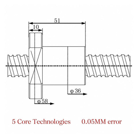 Heavy Duty Badass SFU2005 Ball Screw Kit With 5mm Lead Pitch Pro CNC Machine Builds Featuring Rock Solid BK15 BF15 End Supports Plus Flexible Coupler For Precision Slick Moves And Top Tier Performance Upgrades So You Can Get Job Done Right. technical drawing of SFU2005 ball screw coupler with 36mm shaft and 58mm nut