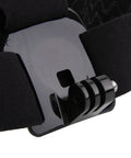 Close-up of adjustable action camera head strap mount for hands free use, showing secure attachment, compatible with popular cameras.