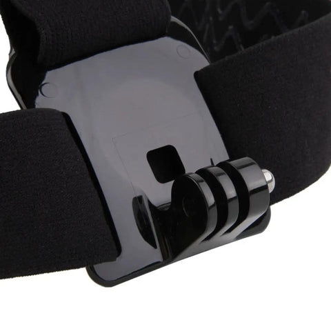 Close-up of adjustable action camera head strap mount for hands free use, showing secure attachment, compatible with popular cameras.