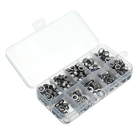 All In One Heavy Duty Hardware Fastener Set With 255 Piece Stainless Steel Nylon Insert Hex Lock Nuts and Full Nuts Washers