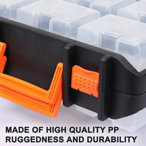 Close-up of 16 Compartment Detachable Toolbox Organizer With Removable Sections And Clear Lid showing plastic material and latch