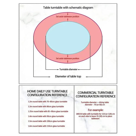 Schematic diagram of Transparent Tempered Glass Lazy Susan Turntable 360 Degree Rotating Round Serving Plate size guide.