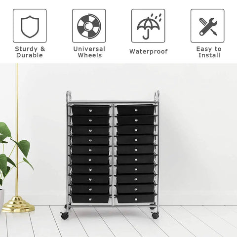 Hella Spacious 20 Drawer Rolling Storage Cart With Lockable Wheels For Office Supplies Makeup Collections Craft Projects And Garage Tools Offers Top Shelf Organization In Clean Black