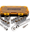 Beefy Pro Grade Half Inch Drive Socket Set, 23 Piece SAE And Metric Kit with 72 Tooth Quick Release Ratchet, case open, items displayed.