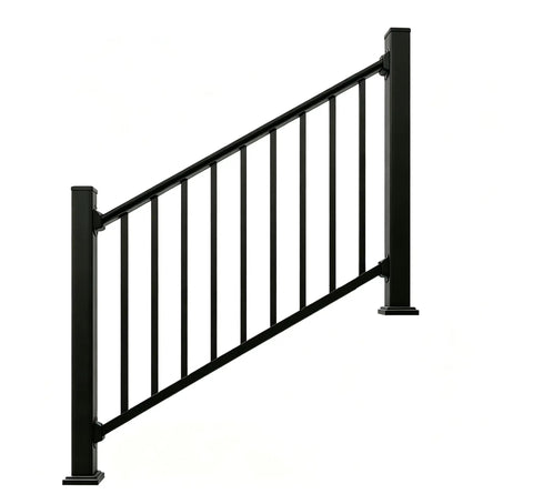 Heavy Duty Black Deck Railing Kit With Reinforced Aluminum Posts And Code Compliant Handrails angled view with vertical bars.