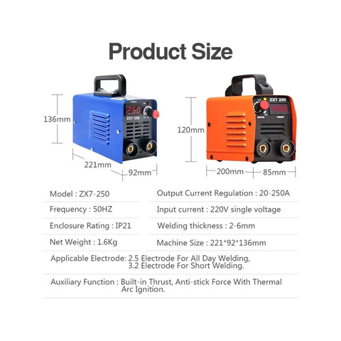 Blue and orange Mini Welding Machine 250A Arc Welder With Automatic Electric Welding Dual Voltage 110V Or 220V dimensions