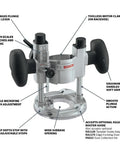 Bosch plunge base for PR20EVS and PR10E Colt palm router motors showing features like 7-step depth stop, smooth plunge action.
