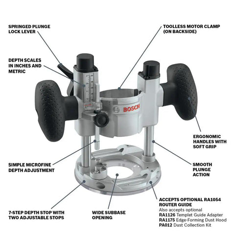 Bosch plunge base for PR20EVS and PR10E Colt palm router motors showing features like 7-step depth stop, smooth plunge action.