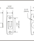 Technical diagram of Beefy 2.5 Inch Forged Solid Brass Door Latch 1 Pack For 90 Degree Right Angle Doors And Windows, showing dimensions.