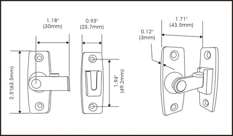 Technical diagram of Beefy 2.5 Inch Forged Solid Brass Door Latch 1 Pack For 90 Degree Right Angle Doors And Windows, showing dimensions.