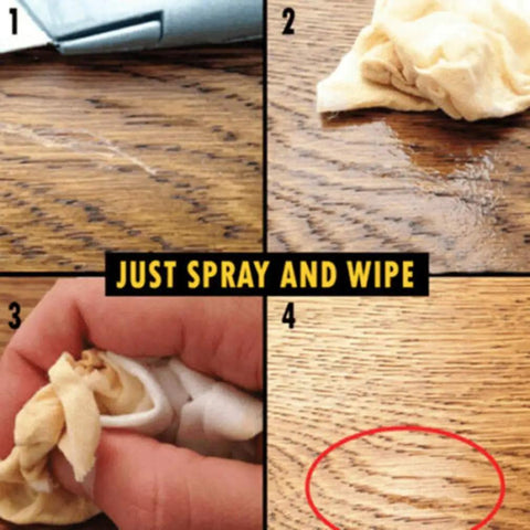 Close-up of Two Pack Wood Scratch Repair Kit For Furniture, Floors, Tables And Cabinets application process in four steps.