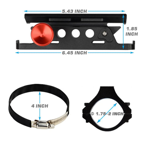 Dimensions of Heavy Duty Aluminum Fire Extinguisher Mount Bracket With Quick Release For 1.75 To 2 Inch Roll Bars and parts.