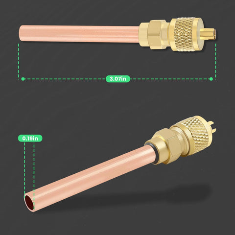 Copper 1/4 in OD HVAC Schrader valve stem with brass fittings; automotive AC vacuum kit, front and side views