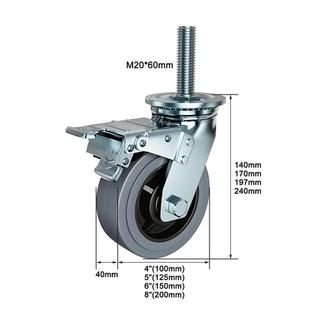 Heavy Duty Rubber Swivel Casters Delivering A Smooth Silent Ride And Rock Solid Parking Brake M20 Threaded Stem dimensions and dual brakes shown