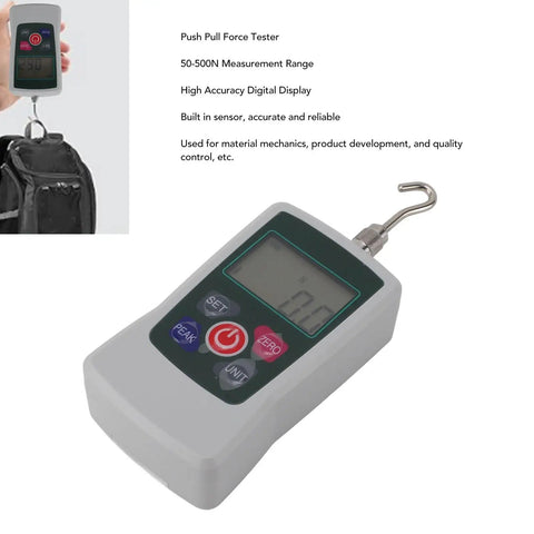 Portable Push Pull Force Gauge For Quick Tension Testing Battery Powered Mini Dynamometer With Built In Sensor 50 To 500N on white background