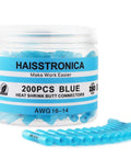 HAISSTRONICA blue heat-shrink butt connectors, 200 pcs, AWG 16-14, insulated marine-grade in jar