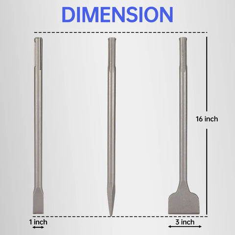 16 Inch 3 Piece Masonry Chisel Set SDS Max Shank Compatible Heavy Duty Rotary Hammer Drill Kit With Flat Chisel Point Chisel Scaling Chisel For Concrete Brick Stone Tile Ceramic Work shown with dimensions