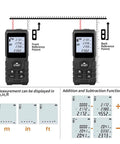 No Nonsense Laser Distance Meter And Rangefinder For Construction showing measurement displays and addition function features.