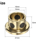 Set Of Three 12mm Flange Sleeve Bearings With 15mm Outer Diameter And 12mm Height, Self Lubricating Cast Brass Graphite Bushings showing size and detail.