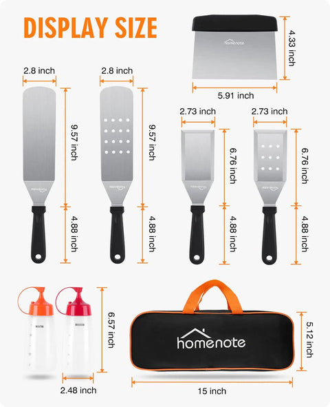 Heavy Duty Griddle Gear Kit Eight Piece Spatula Set dimensions and carrying case with squeeze bottles
