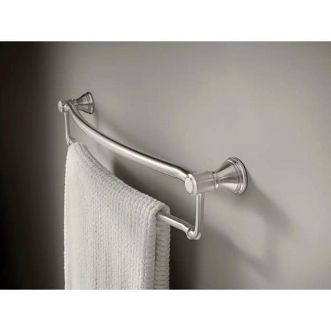 Traditional 24 Inch Stainless Towel Bar That Doubles As Assist Bar, 7/8 Inch Diameter, Extends 4 3/8 Inches From Wall, Supports 250 Plus Pounds When Properly Installed, Includes Mounting Hardware For Easy Bathroom Safety showing a towel hanging on the bar