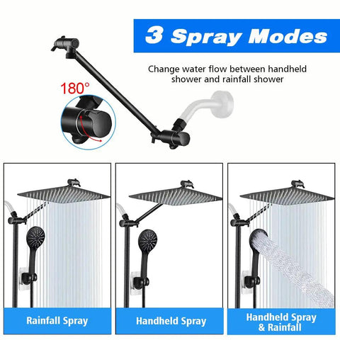 Upgraded 12 Inch Black Shower Head With Handheld Spray And Rainfall Showerhead High Pressure Combo showing 3 spray modes