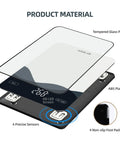 Digital Kitchen Scale 22lb 10kg USB C Rechargeable With Tempered Glass Top Easy Clean LED Touch Screen shows layers and components