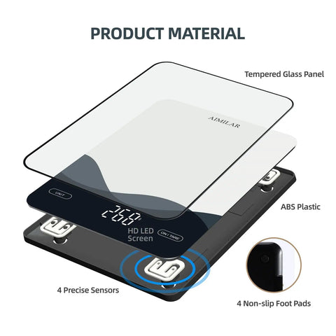 Digital Kitchen Scale 22lb 10kg USB C Rechargeable With Tempered Glass Top Easy Clean LED Touch Screen shows layers and components