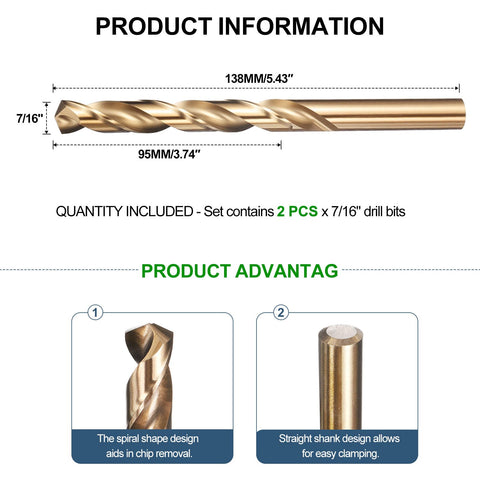 7 16th Inch Drill Bit Set By METALLIXITY, 2 Piece High Speed Steel With Straight Shank And Gold Finish, 135 Degree Point