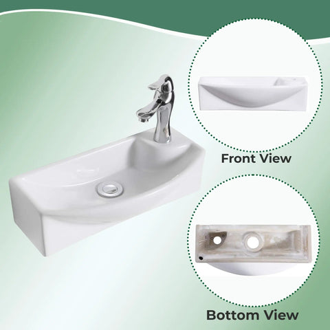 Laura White Ceramic Wall Mount Sink 18 Inch Floating Vessel With Overflow And Single Faucet Hole Front and Bottom Views