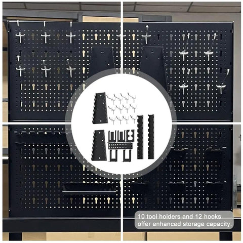 Rolling Metal Workbench On Wheels With Pegboard And 22 Hooks 3 Tier Tool Storage Heavy Duty Steel Tabletop background
