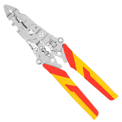 No Sweat Folding Wire Stripper Crimper 14 In 1 Multifunctional Pliers with tough insulated handles for electricians.