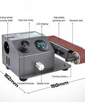 Versatile Wet Dry Belt Sander With Water Attachment For Minimal Dust Grinding And Polishing Metal Wood Plastic Acrylic Stone Adjustable Speed Up To 13000Rpm Includes Ten Abrasive Belts For Precision DIY Projects And Professional Finishing Tasks, showing close-up of controls and abrasive belt.
