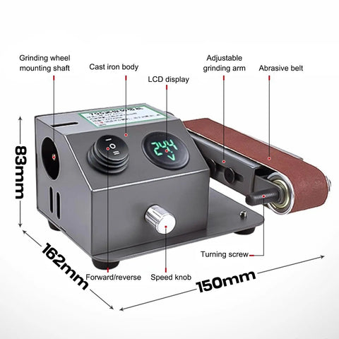 Versatile Wet Dry Belt Sander With Water Attachment For Minimal Dust Grinding And Polishing Metal Wood Plastic Acrylic Stone Adjustable Speed Up To 13000Rpm Includes Ten Abrasive Belts For Precision DIY Projects And Professional Finishing Tasks, showing close-up of controls and abrasive belt.