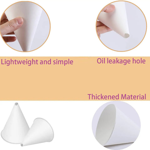 60 Pack Disposable Engine Oil Funnels For Quick Oil Changes, paper funnels showing oil leakage hole and thickened material
